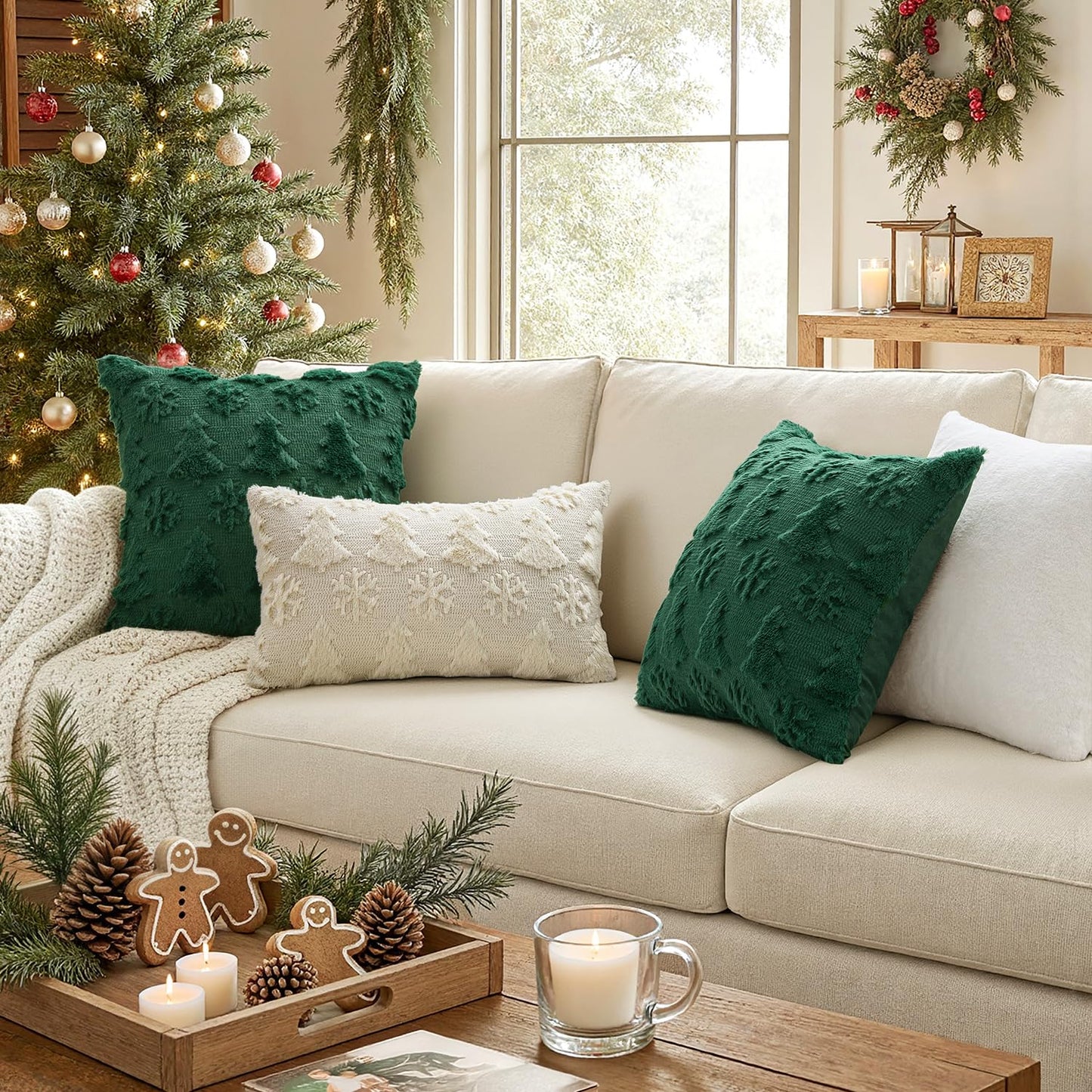 MIULEE Christmas Throw Pillow Covers 18x18 Set of 2 Christmas Decorations Dark Green Soft Plush Faux Fur Wool Xmas Tree Snowflakes Pillowcases Holiday Festivals Winter Home Decor Sofa Couch Bed Porch