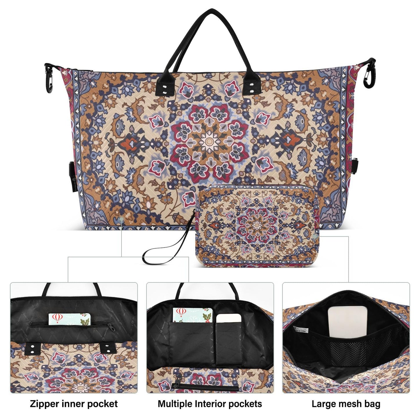 Aflyko Travel Duffel Persian Carpet Tribal Mandala Sport Tote Gym Weekender Overnight for Men Women Flight Approved Carry On Fitness Dance Go-To Daily, Medium