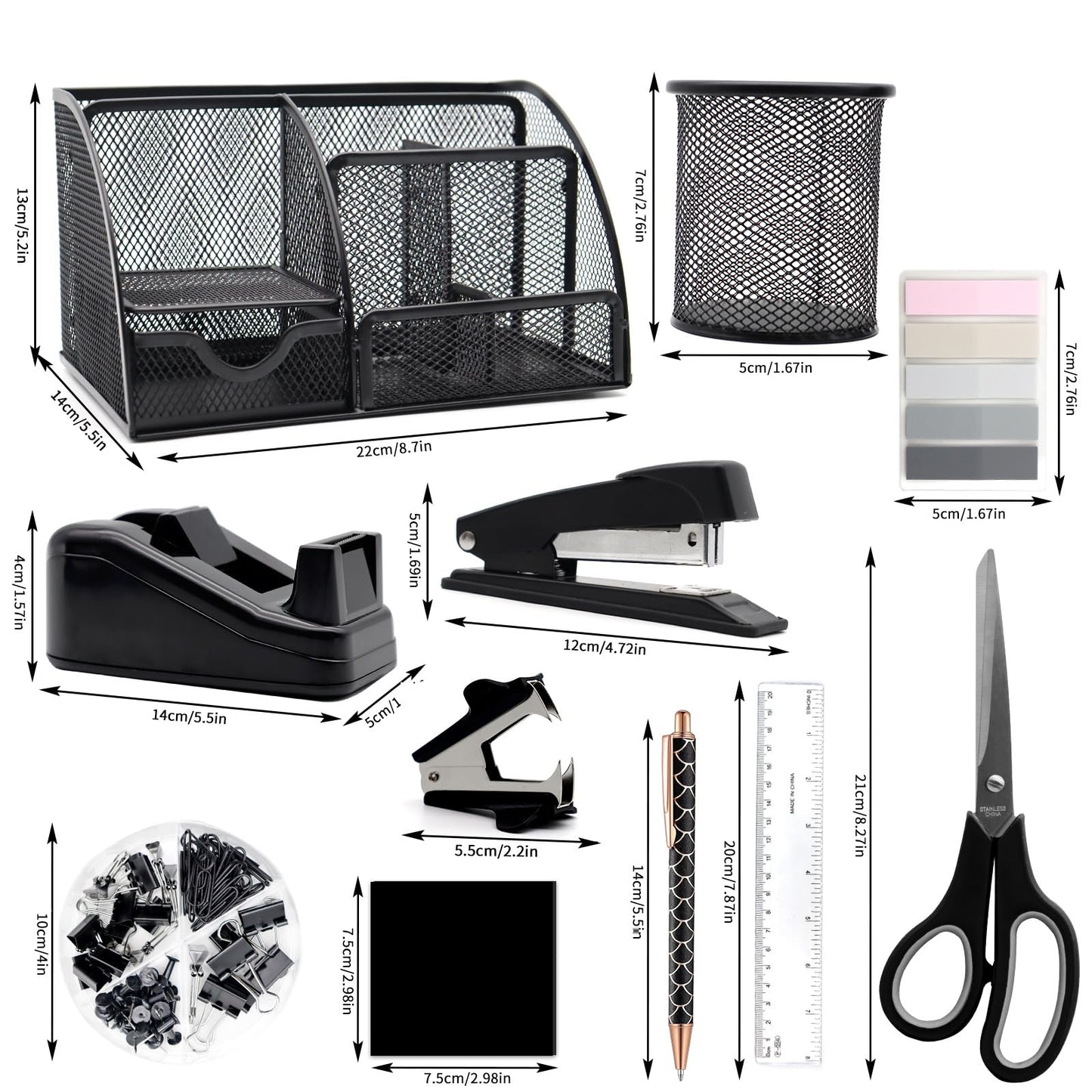 Shellvcase Black Desk Organizers and Accessories,12pcs Office Supplies Set With Pen Holder, Tape Holder, Stapler, Scissors, Ruler, Staple Remover for Office & Study Room, Gift for Coworker