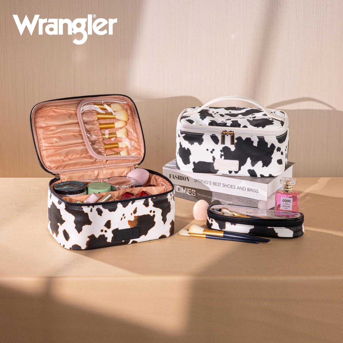 Montana West X Wrangler Travel Makeup Bag 2pcs Set Large Cosmetic Bag with Makeup Brush Holder Portable Make Up Organizer Cute Toiletry Bag with Divider and Handle for Women