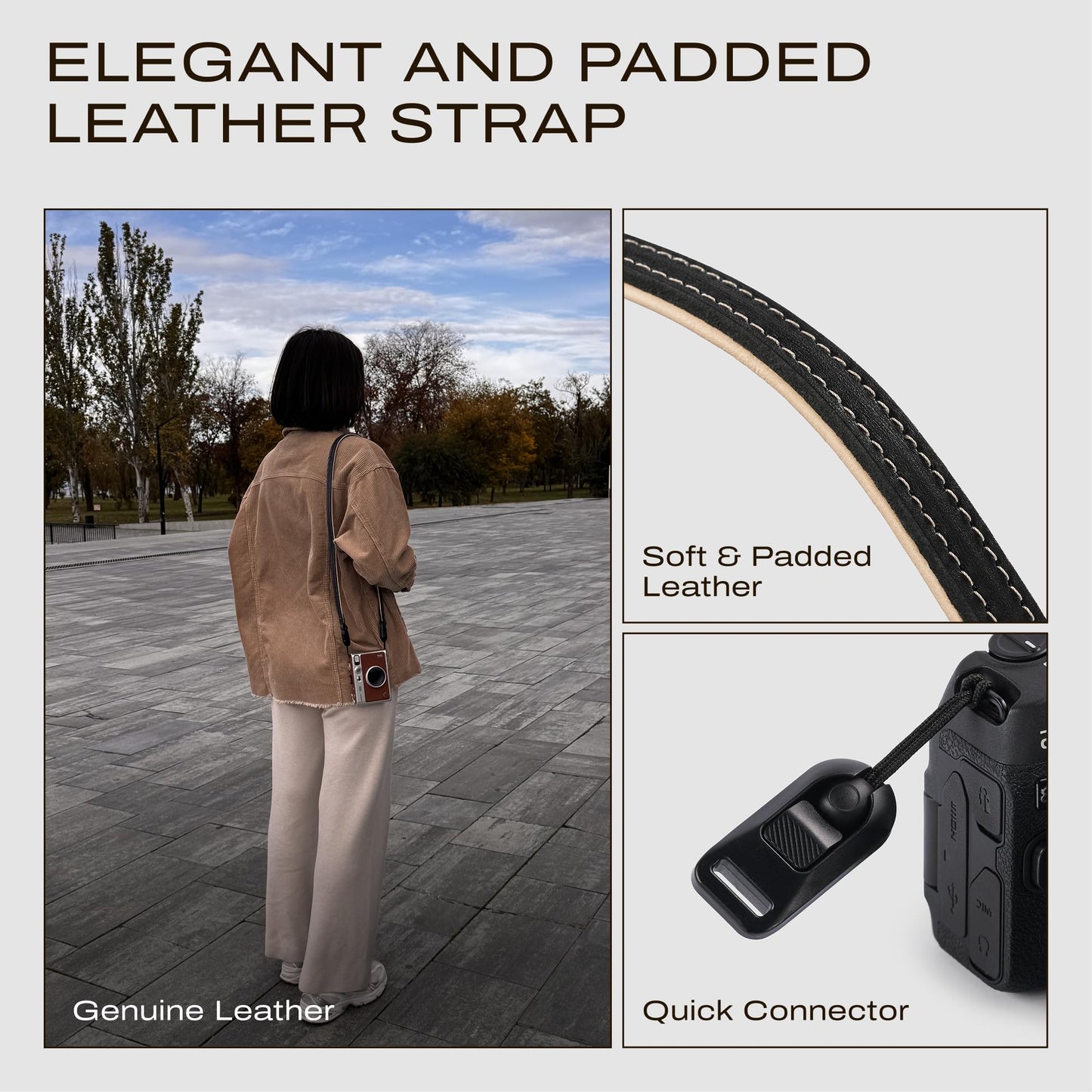 C Coiro Slim Leather Camera Strap with Quick Release, Neck Adjustable Camera Shoulder Strap SLR Compatible with All Camera Brands, Padded/Black