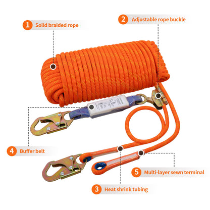 Fall Protection Safety Rope 50ft Heavy Duty Vertical Roofing Grab Snap Hook Shock Absorber Fall Protection Line Kit Restraint System Roofing Safety Equipment (50FT)