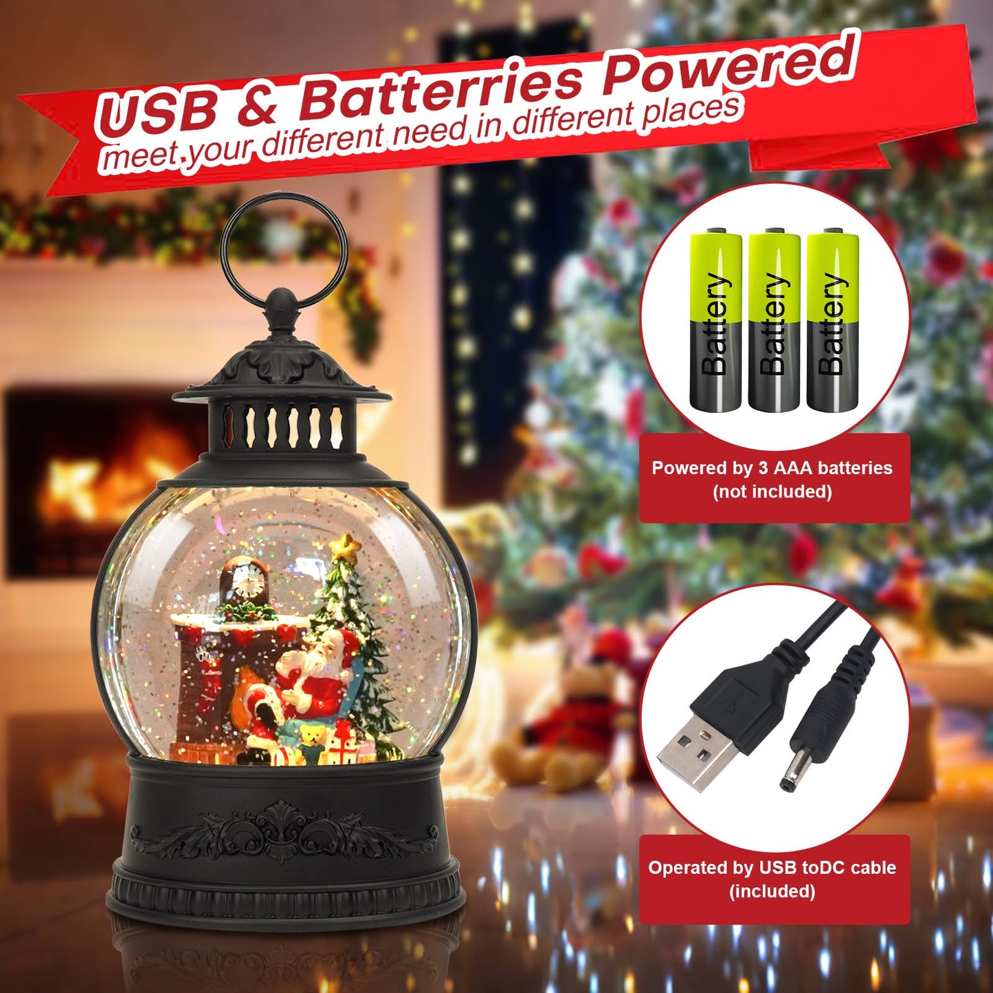 Christmas Snow Globe Water Lantern with Timer and Music, USB and Battery Operated Lighted Led Globe, Santa Snowglobe Table Decorations Indoor for Adults Home Holiday (Santa)
