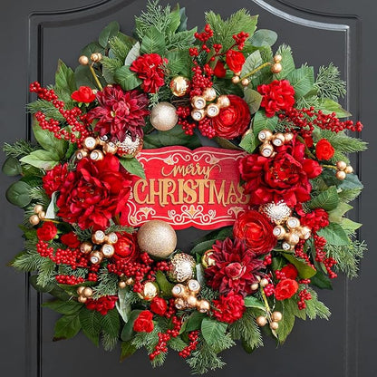 Christmas Wreaths for Front Door 24 Inch Christmas Wreath with Red Flowers, Berries, Gold Ornaments and LED Lights,Holiday Wreath for Indoor Outdoor Christmas Decorations