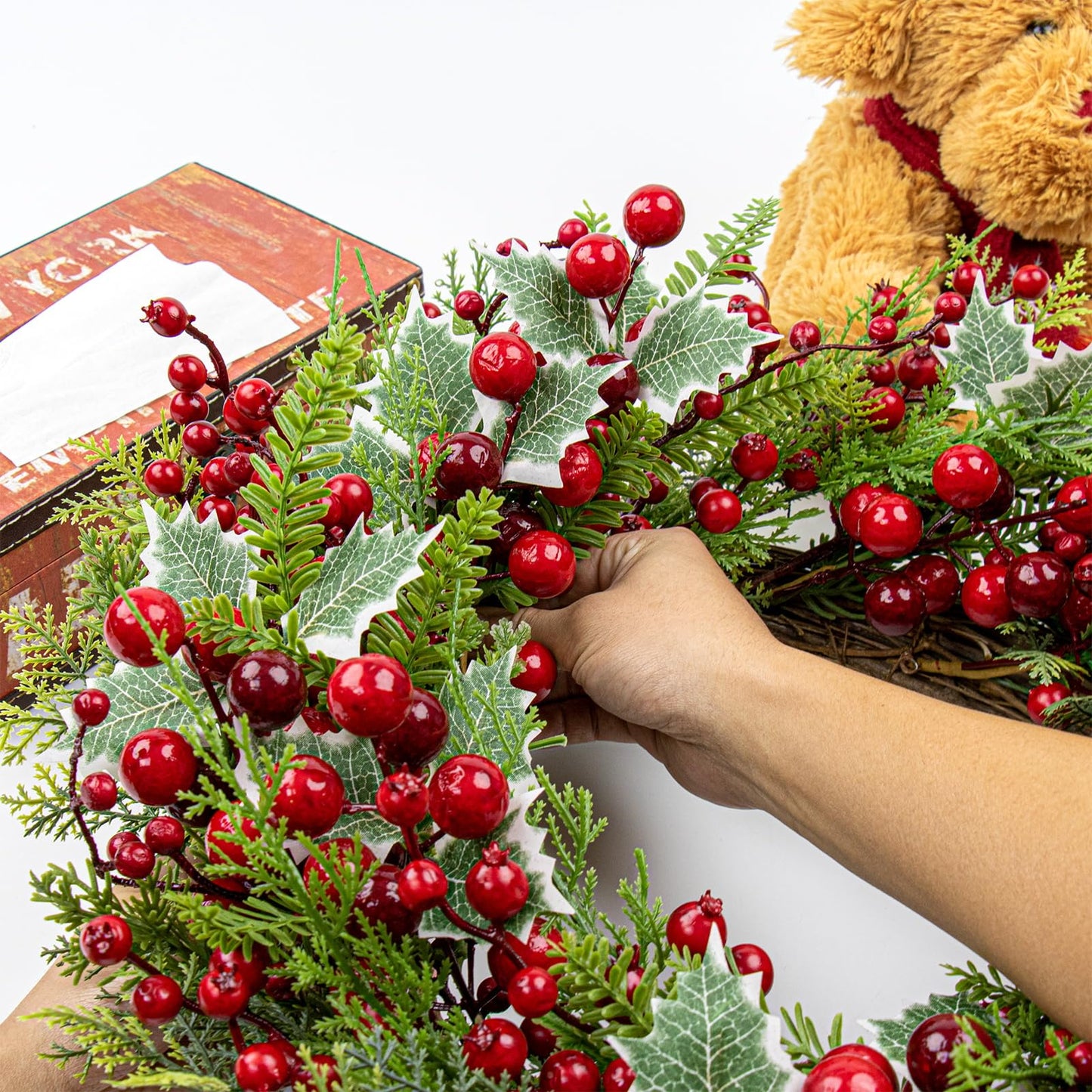 LLZLL Christmas Wreath for Front Door 20 Inch Indoor Christmas Wreaths Artificial Red Berry Wreath with Norfolk Pine and Holly Leaf for Holiday Celebrations