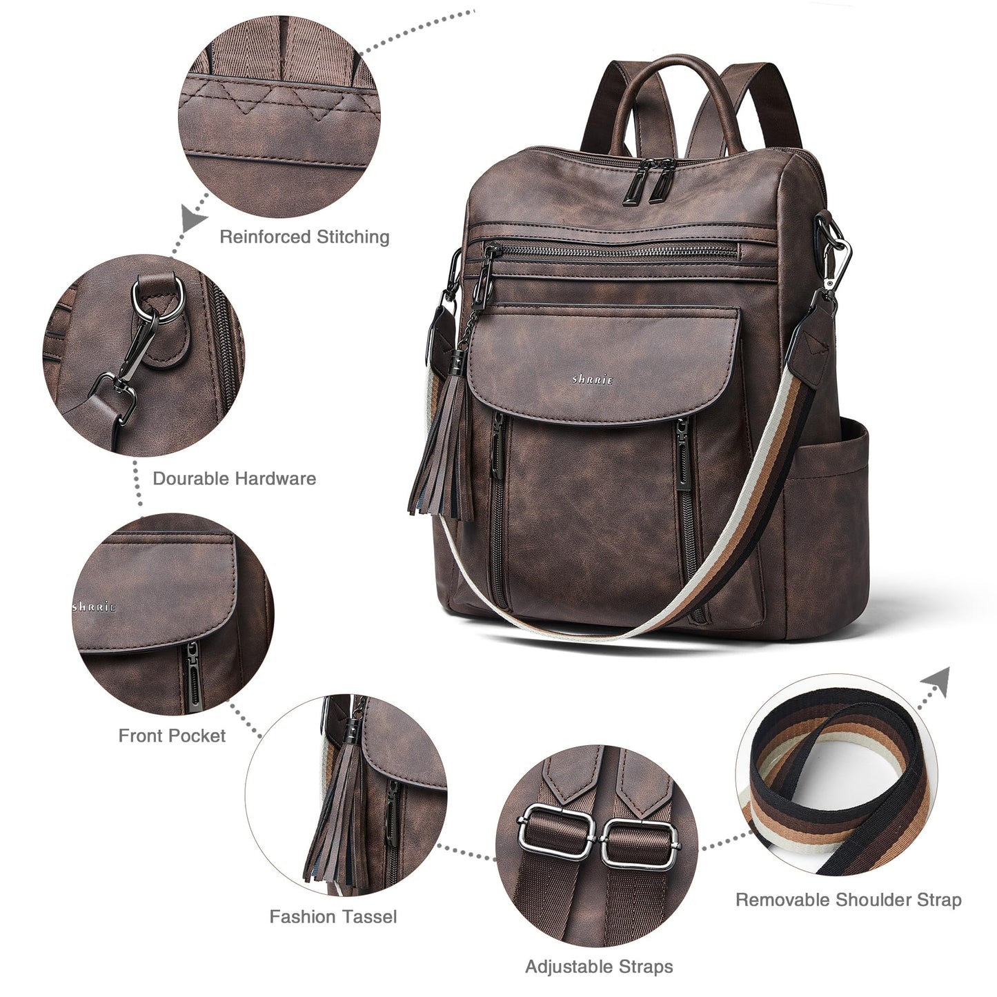 Shrrie Backpack Purse for Women Fashion Leather Backpack Purse Designer Travel Backpack Convertible Shoulder Bag with Wristlet for Work College