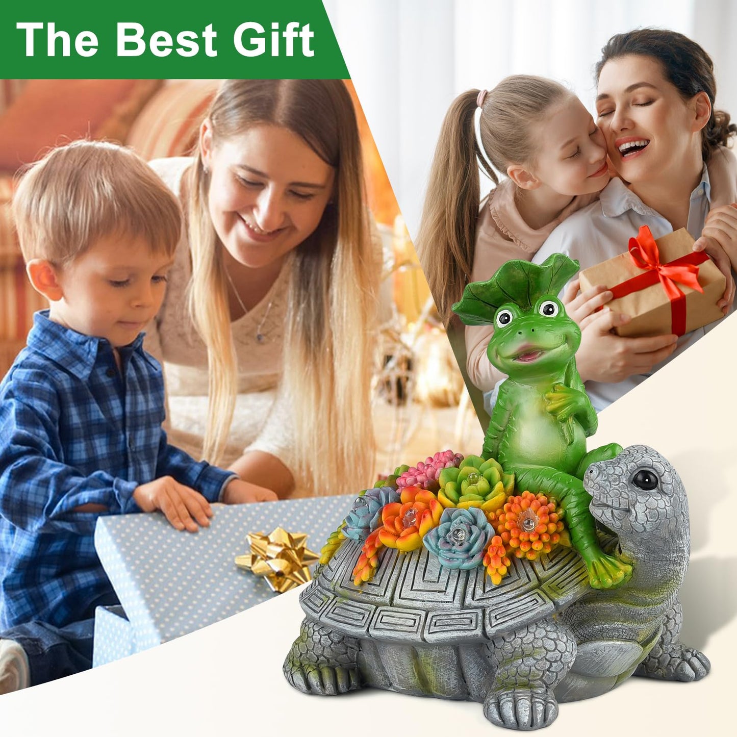 ILLUMINEW Solar Garden Outdoor Statues Turtle& Frog with Succulent and 8 LED Lights, Turtle Carrying Lotus Leaf Frog Figurines, Lawn Decorations for Patio Yard Gifts for Mom Grandma Housewarming