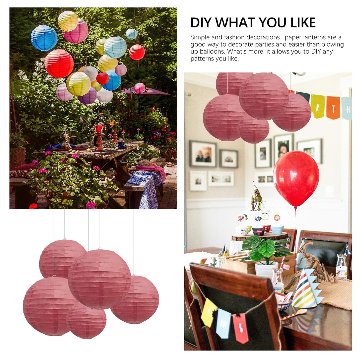 20Pcs Burgundy Paper Lanterns for Parties, 6” 8” 10” 12” Chinese Asian Hanging Round Paper Lanterns for Birthday Wedding Halloween Christmas Home Decor Party Decor
