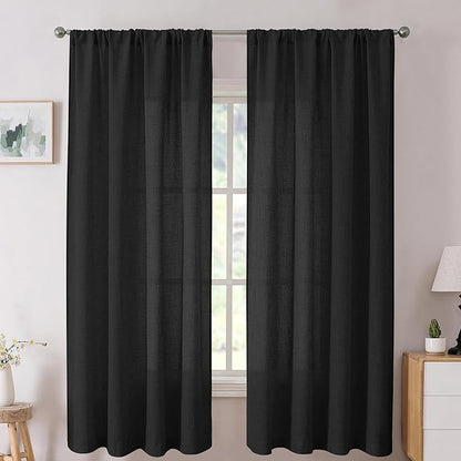 Tollpiz Short Linen Curtain Living Room Rod Pocket Semi Sheer Curtains Burlap Light Filtering Thick Linen Drape for Bedroom, 54 x 45 inches Long, Black, Set of 2 Panels