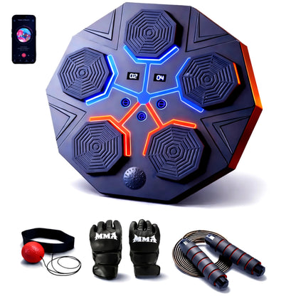 Music Boxing Machine for Adults, Bluetooth Wall Mounted Punching Machine, Interactive Boxing Trainer with LED Targets, Pro Boxing Gloves & Reflex Ball Headband, Home Gym Cardio Workout Training