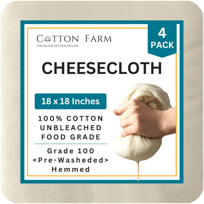 Cotton Farm Pre-Cut Cheese Cloths, 18 x 18 inch, Grade 100, Overlocked Edges, Ready to Use, Muslin Cheesecloth for Straining and Cooking, 100% Unbleached Cotton, Reusable