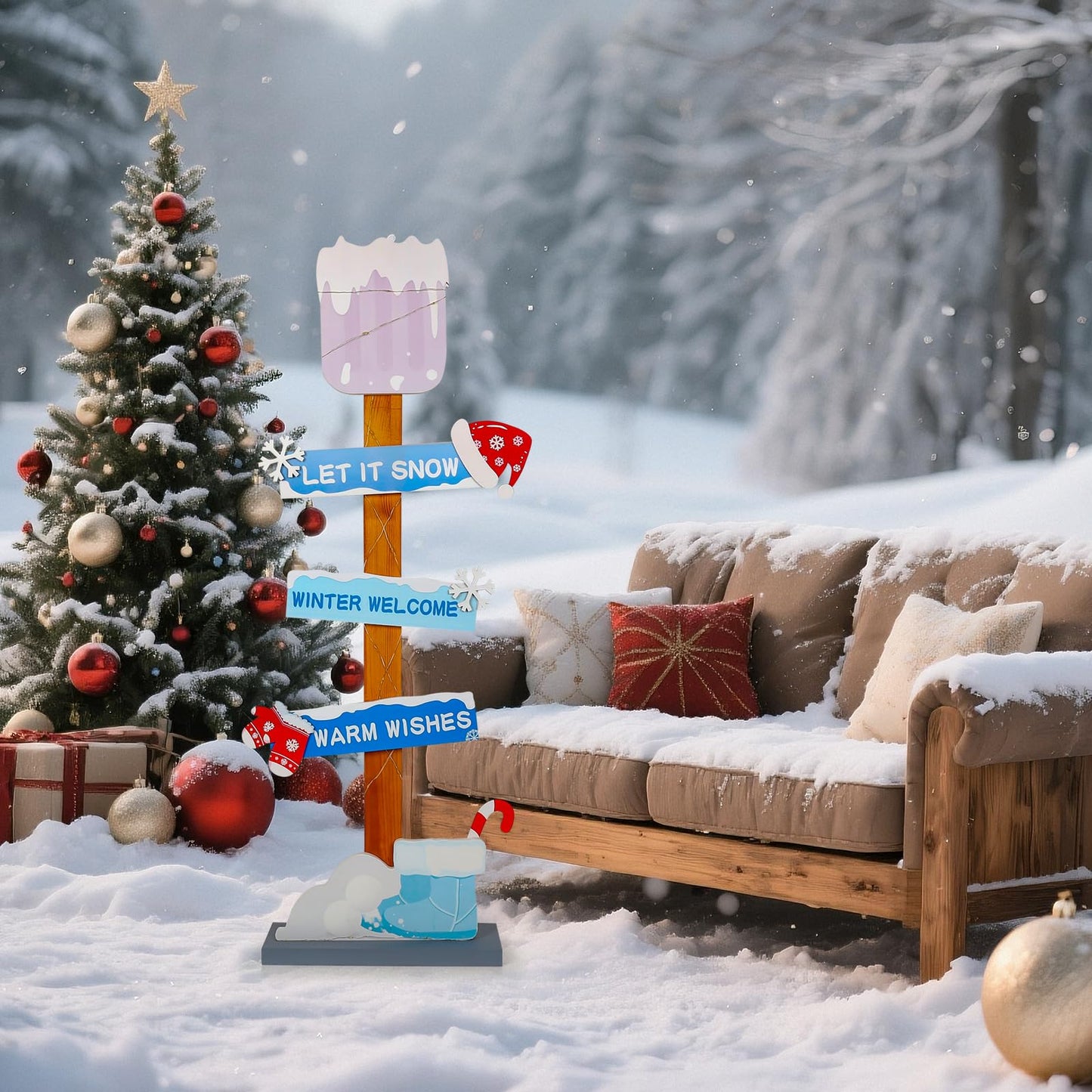 Lighted Wooden Christmas Porch Sign | Let It Snow Winter Welcome Porch Decor |Xmas Hat Gloves Candy Cane Wood Signs for Winter Wonderland Bule Christmas Decorations