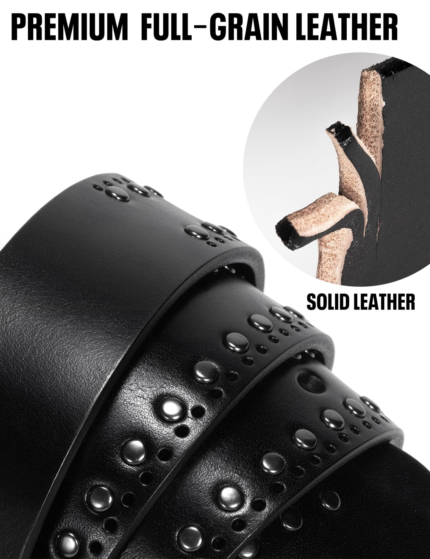 Womens Western Leather Belts 35mm Studded Belt with Vintage Silver Buckle