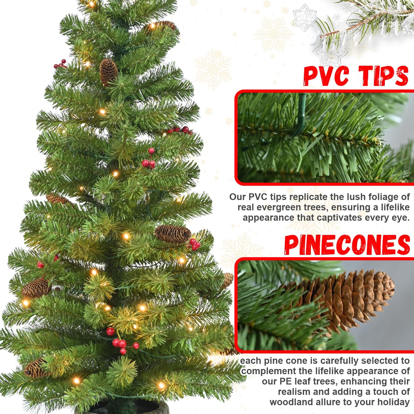 Maylaviu 4FT Artificial Potted Christmas Tree with Lights, Pre-lit Mini Christmas Tree with 50 LED Lights, Small Fake Spruce Tree with 140 Branch Tips, Pine Cones&Red Berries, Battery Operated