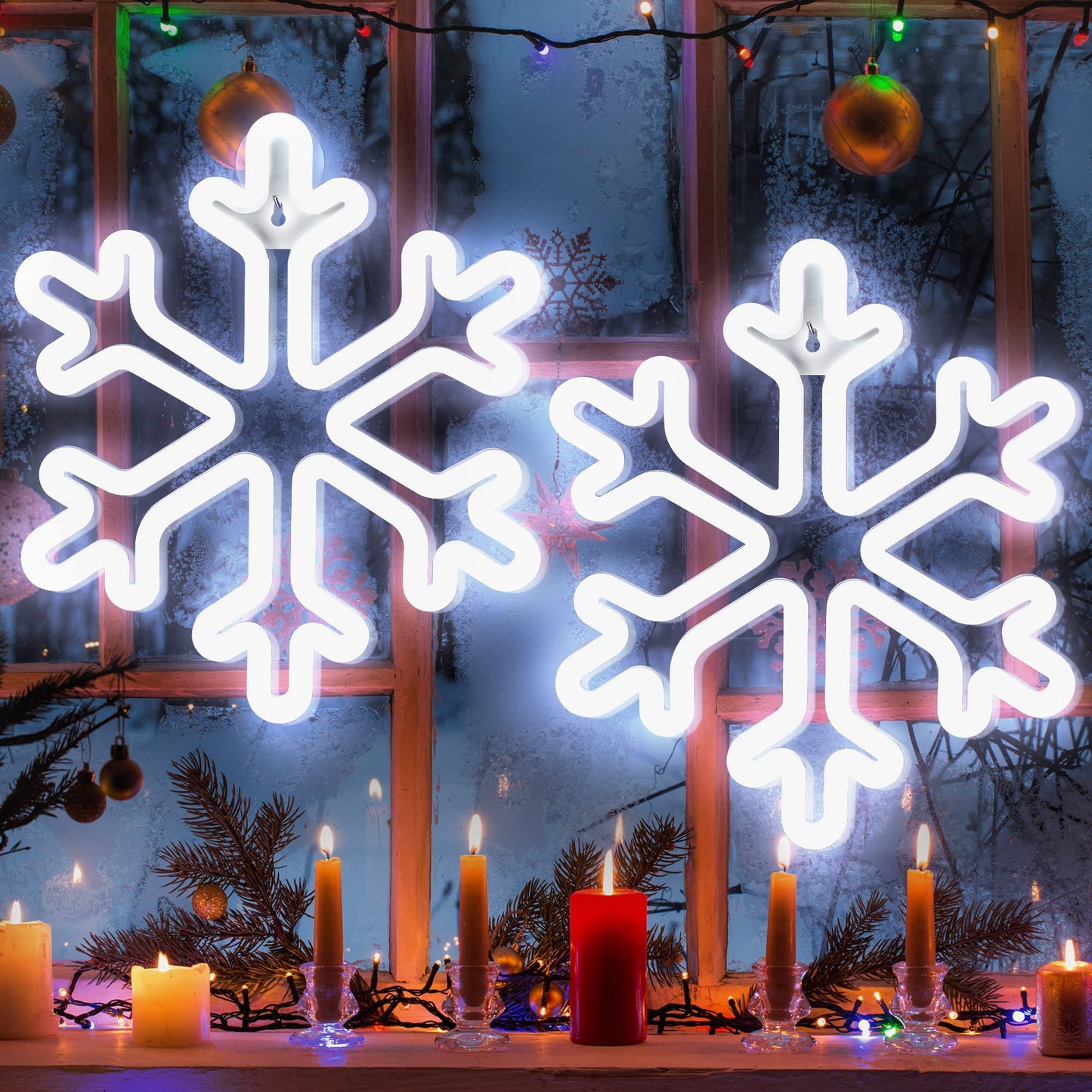 Enhon Christmas Neon Snowflake Light, 12 Inch Giant Snowflake Lights, Battery and USB Powered Christmas Curtain Neon Sign with Timer for Xmas Party Decoration(Cool White,2 Pack)
