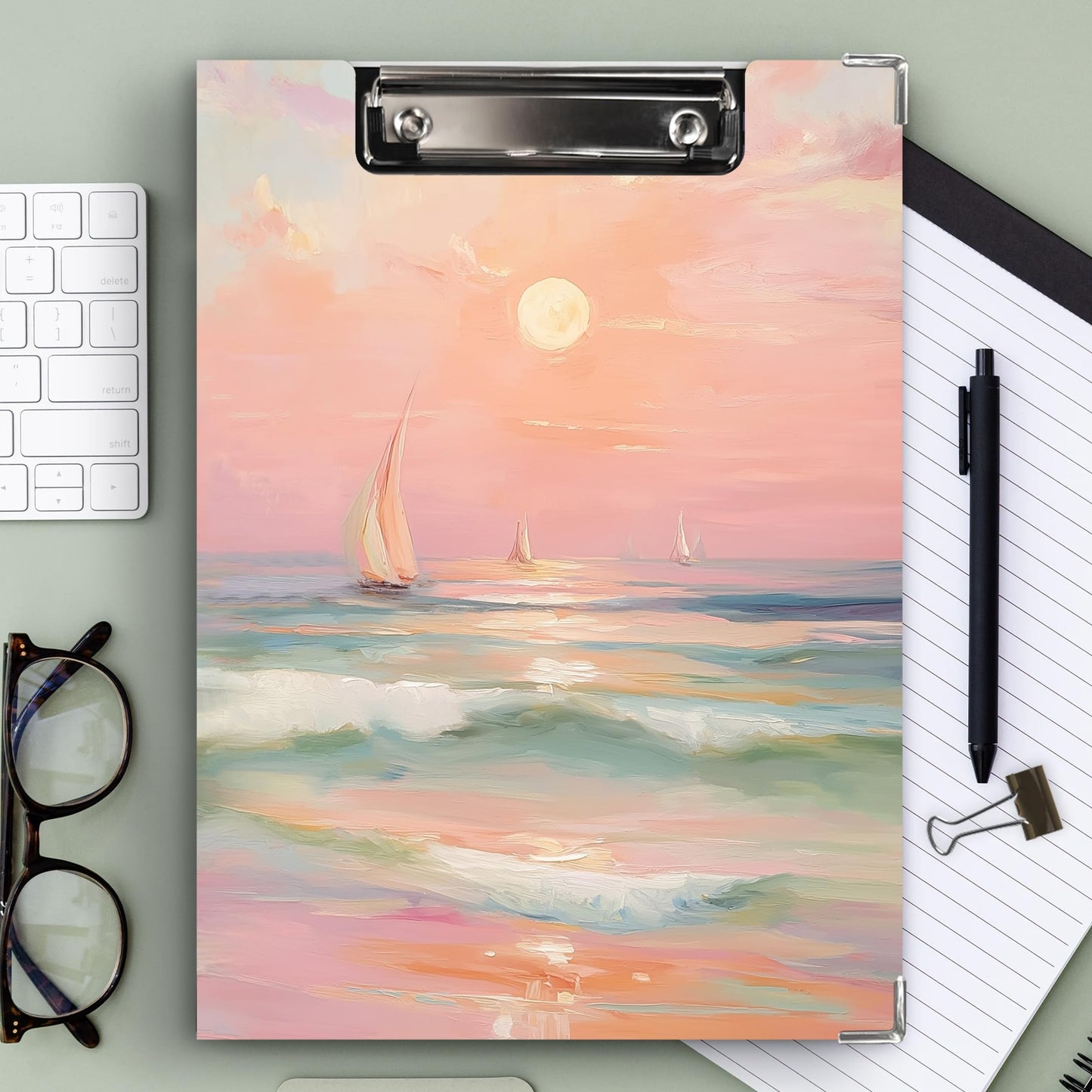 KU-DaYi Pink Coastal Beach Clipboard Padfolio with Storage Pocket, Beach Gifts for Women, Pastel Coastal Beachy Sailboat Low Profile Clip Boards for Nurse Office Classroom, 12.4 x 9.25 in