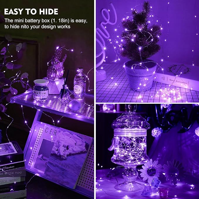 pozzolanas 12 Pack Purple Fairy Lights Battery Operated 3 Modes 7FT 20 LED Waterproof String Lights Twinkle Silver Wire for Mason Jars Wedding Christmas Halloween Party Decor (12, Purple)