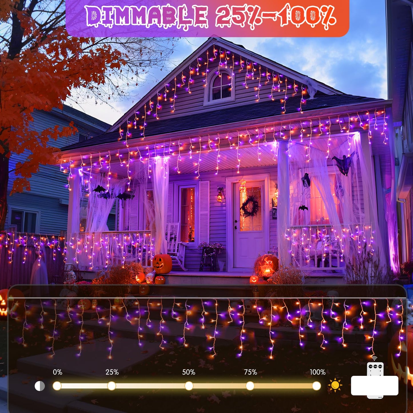 JMEXSUSS 400 LED Orange and Purple Christmas Lights Outdoor, 38.8 FT Orange and Purple Icicle Light Outdoor Waterproof, 8 Modes Halloween Lights Plug in for House Christmas Party Decorations