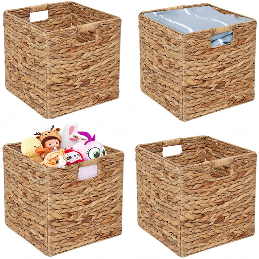 11x11in Storage Baskets 4 Pcs Square Baskets for Cube Shelf,Foldable Handwoven Water Hyacinth Storage Bins for Laundry Organizer