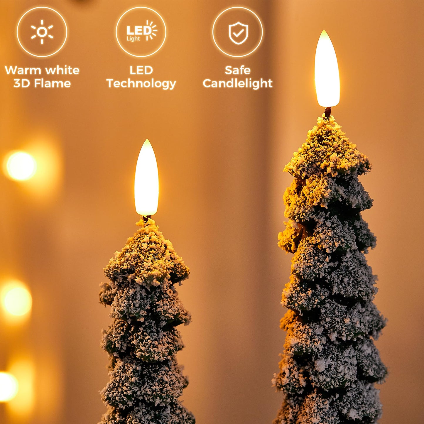 Velsyn 4 Pack Christmas Tree Candles Covered in Snow with Remote, 11 Inch Real Wax flameless Taper Candles, LED Candle Battery Operated with 3D Flickering Flame, Green Candlesticks Christmas Decor