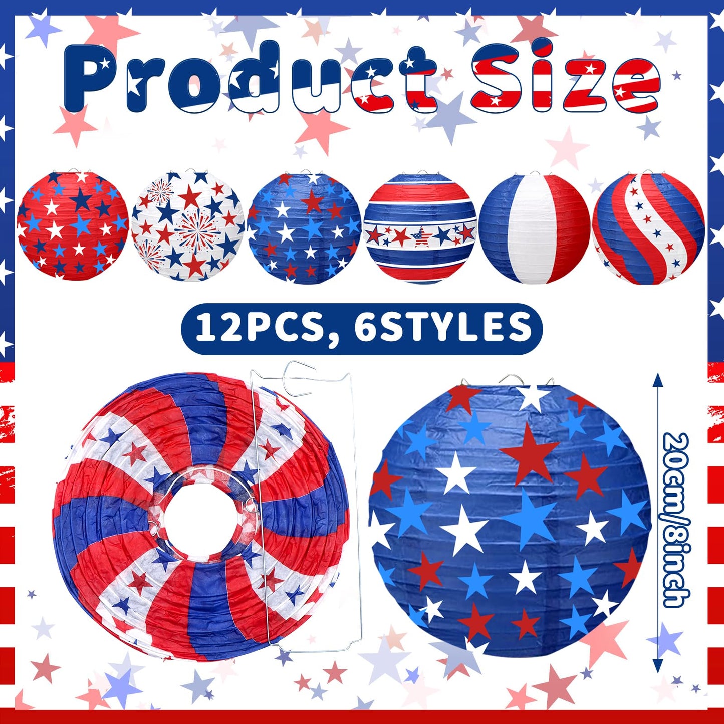 ADLKGG 4th of July Independence Day Paper Lanterns Party Decorations for Patriotic American Stars and Stripes Blue Red Memorial Day Decorations, Citizenship Party Decorations, Labor Day, 12PCS
