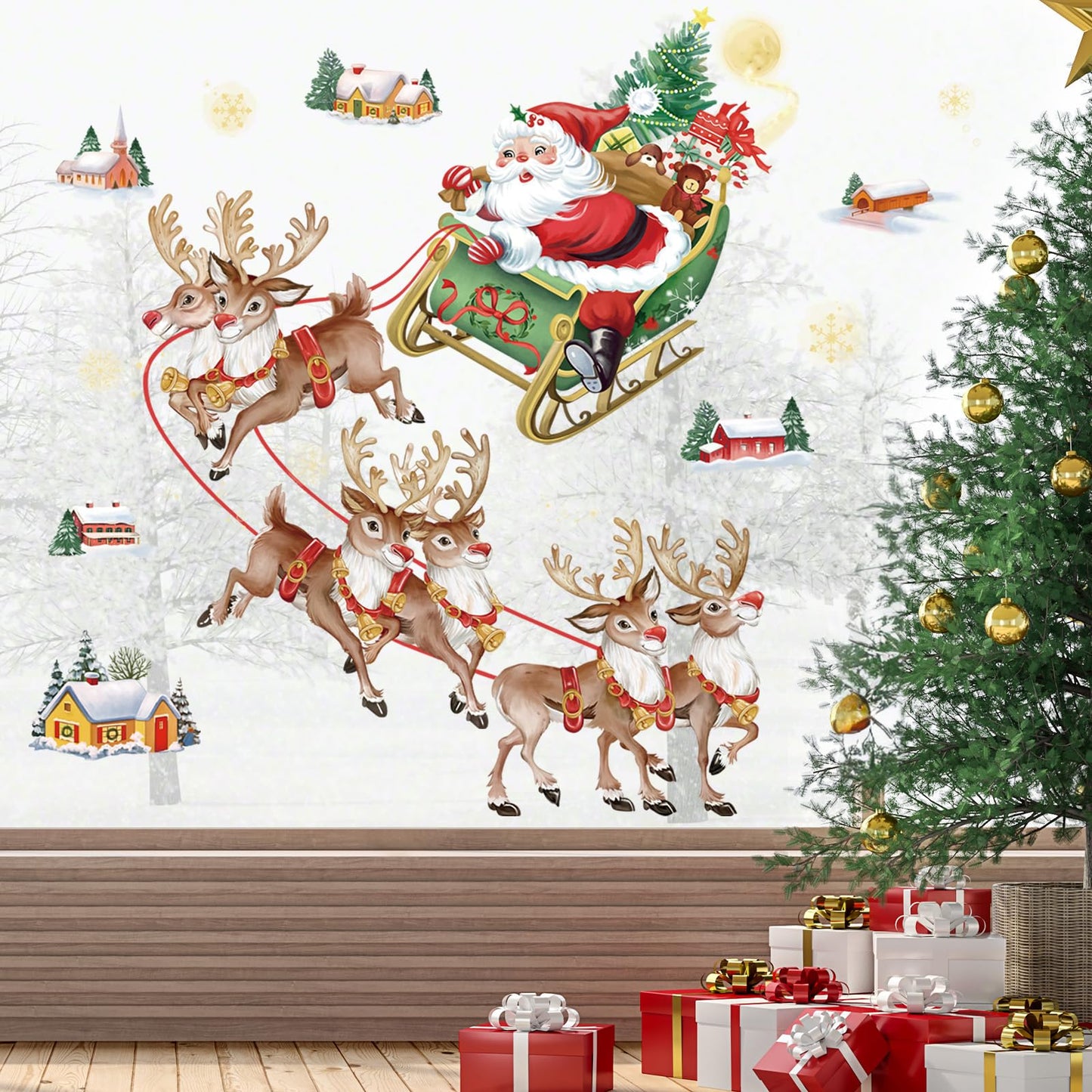wondever Christmas Wall Stickers Santa Claus and Reindeer Christmas Window Wall Art Decals for Christmas Party Window Xmas Home Party