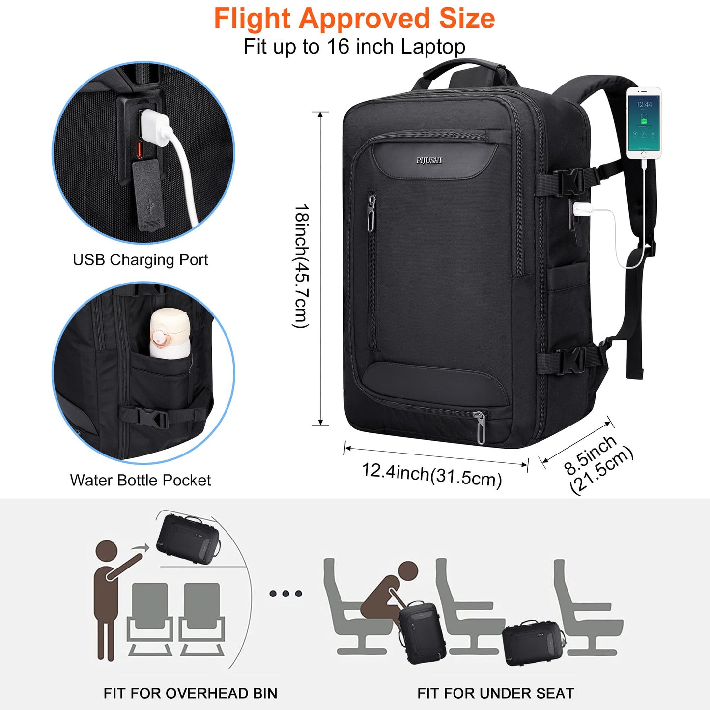 PIJUSHI Travel Backpack for Women Convertible Carry-On with Shoe Compartment Fits 16" Laptop TSA-Friendly for Work, Trips(PE038 Black)