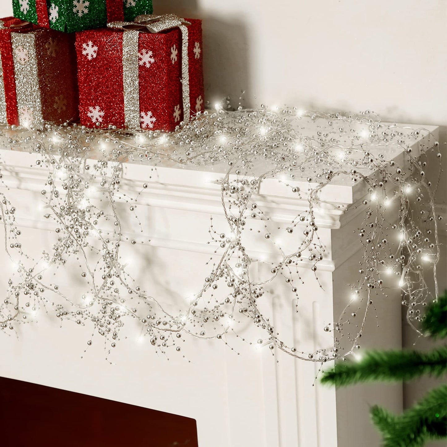 Honoson 33 ft Christmas White Berry Garland Lighted Berry Beaded Garland Christmas Fireplace Decorations, Glitter LED Bead for Fireplace Indoor Outdoor Decor