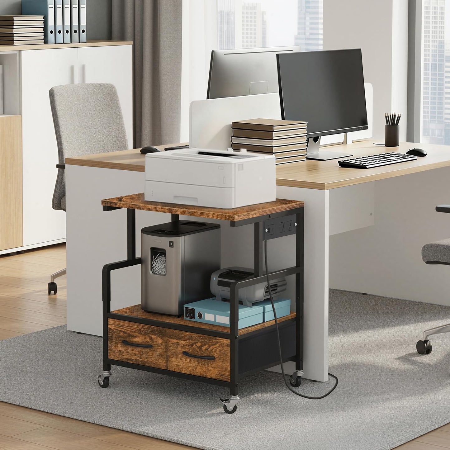 YATINEY Printer Stand, 3 Tier Printer Cart with Power Outlet and Fabric Drawers, Industrial Mobile Printer Table on Wheels, Printer Stand with Storage for Home Office, Study, Living Room PS03BR