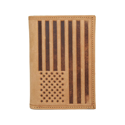 Lucky Brand American Flag Embossed Leather Trifold Wallet for Men with RFID Blocking, Tan