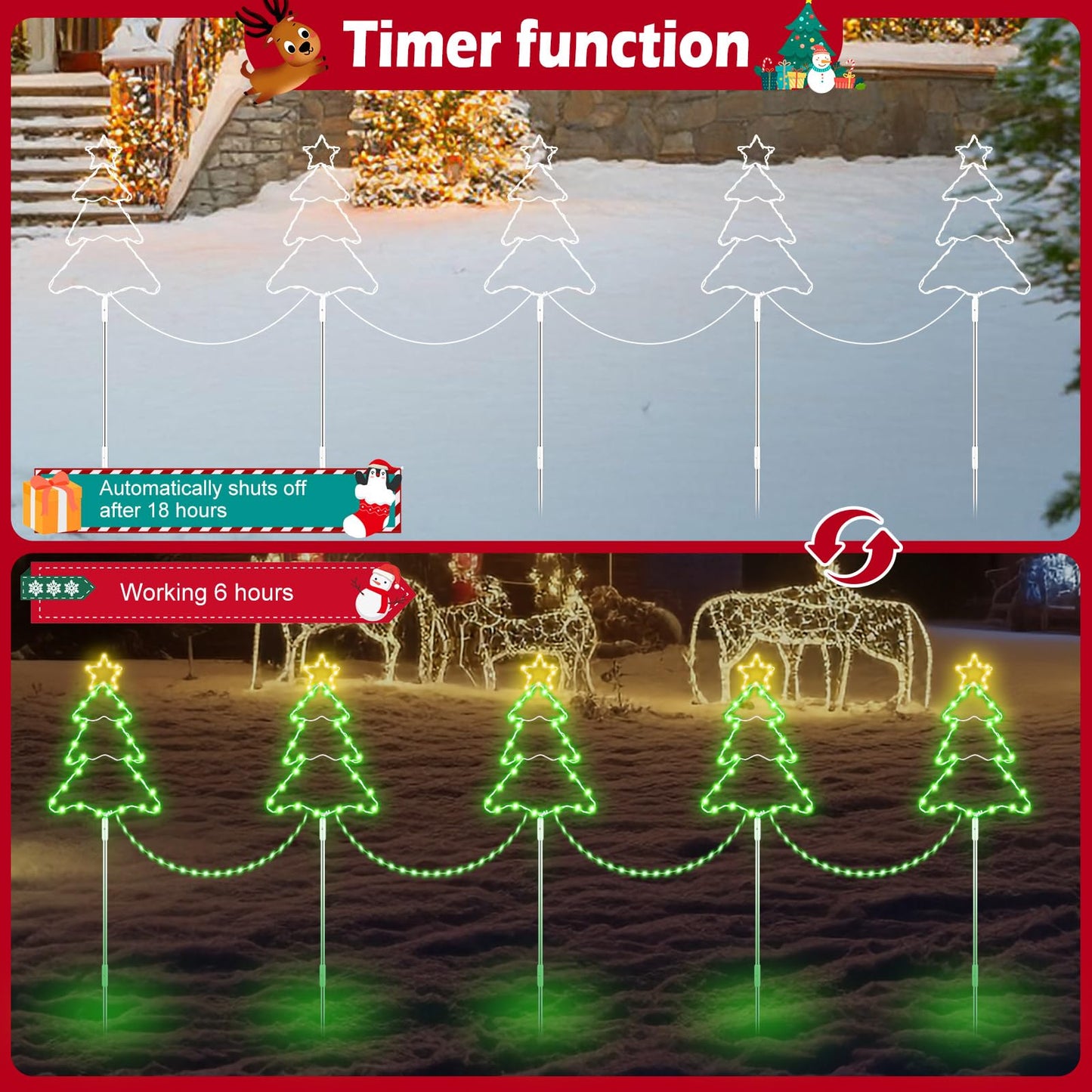 5 Pack 39.4'' Higher Christmas Tree Pathway Lights 250LEDS Outdoor Decorations, Bigger 13.8" Christmas Tree Sign w/ 8 Modes Lighting Waterproof Stake Lights for Xmas Festive Outside Garden, Yard Decor