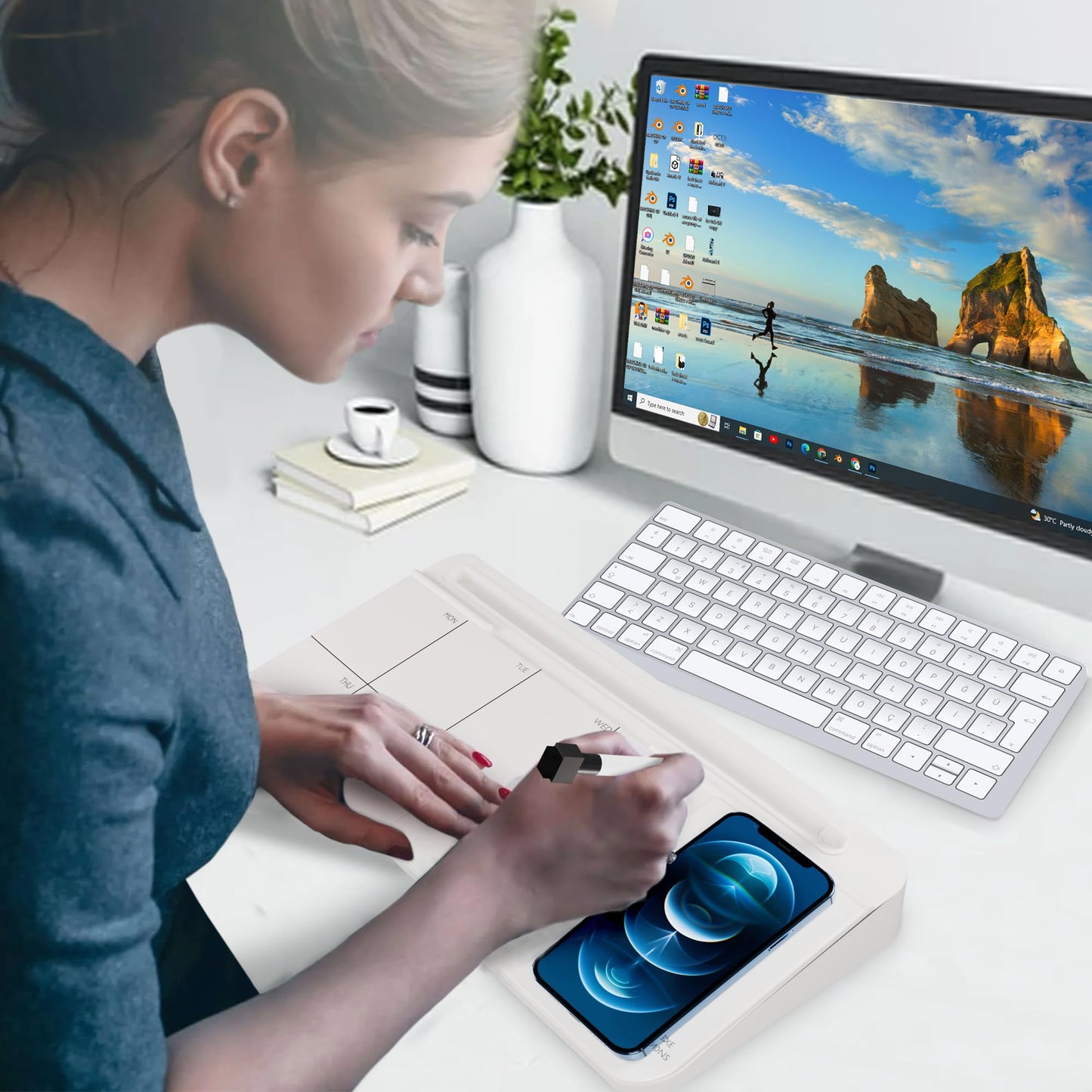 NEXTLUXE Glass Desk Whiteboard with Wireless Charger - Desktop Whiteboard with Storage, Weekly Planner, Dry Erase Pad, Organizer Drawer for Home, School, Office Gadgets – White