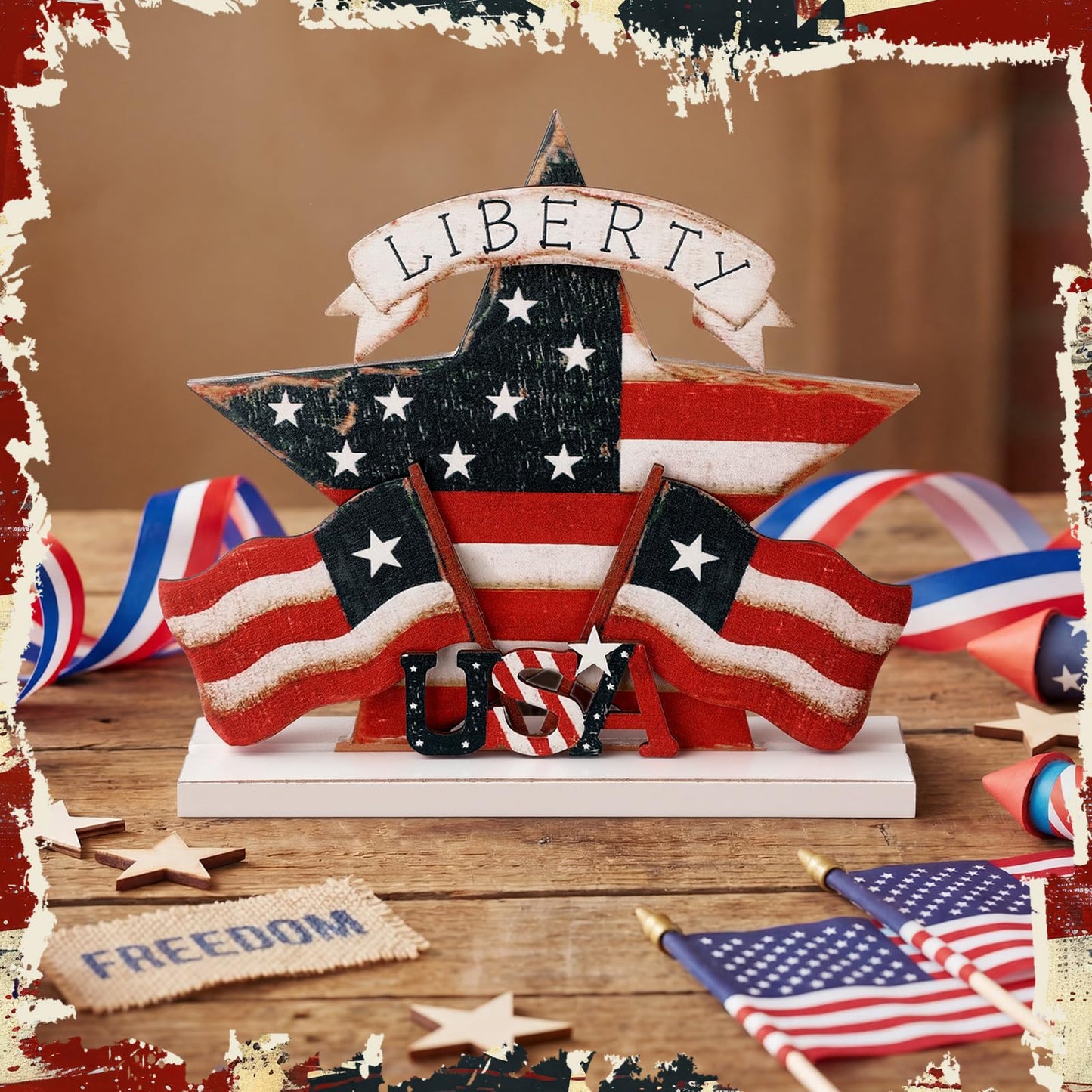 BrightRow 4th of July Wooden Star Table Decor Red White Blue Patriotic USA Liberty Star American Flag Tabletop Sign 250th Anniversary Rustic Table Tiered Tray Decor for Independence Day Memorial Day