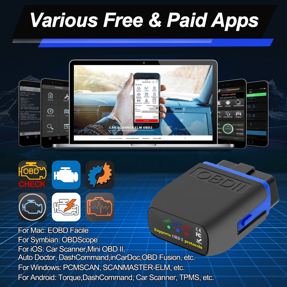 OBD2 Bluetooth 4.0 Scanner Car Code Reader for iPhone iOS Android Windows, Auto ODB2 OBDII Adapter Diagnostic Scan Tool for Check Engine Lights