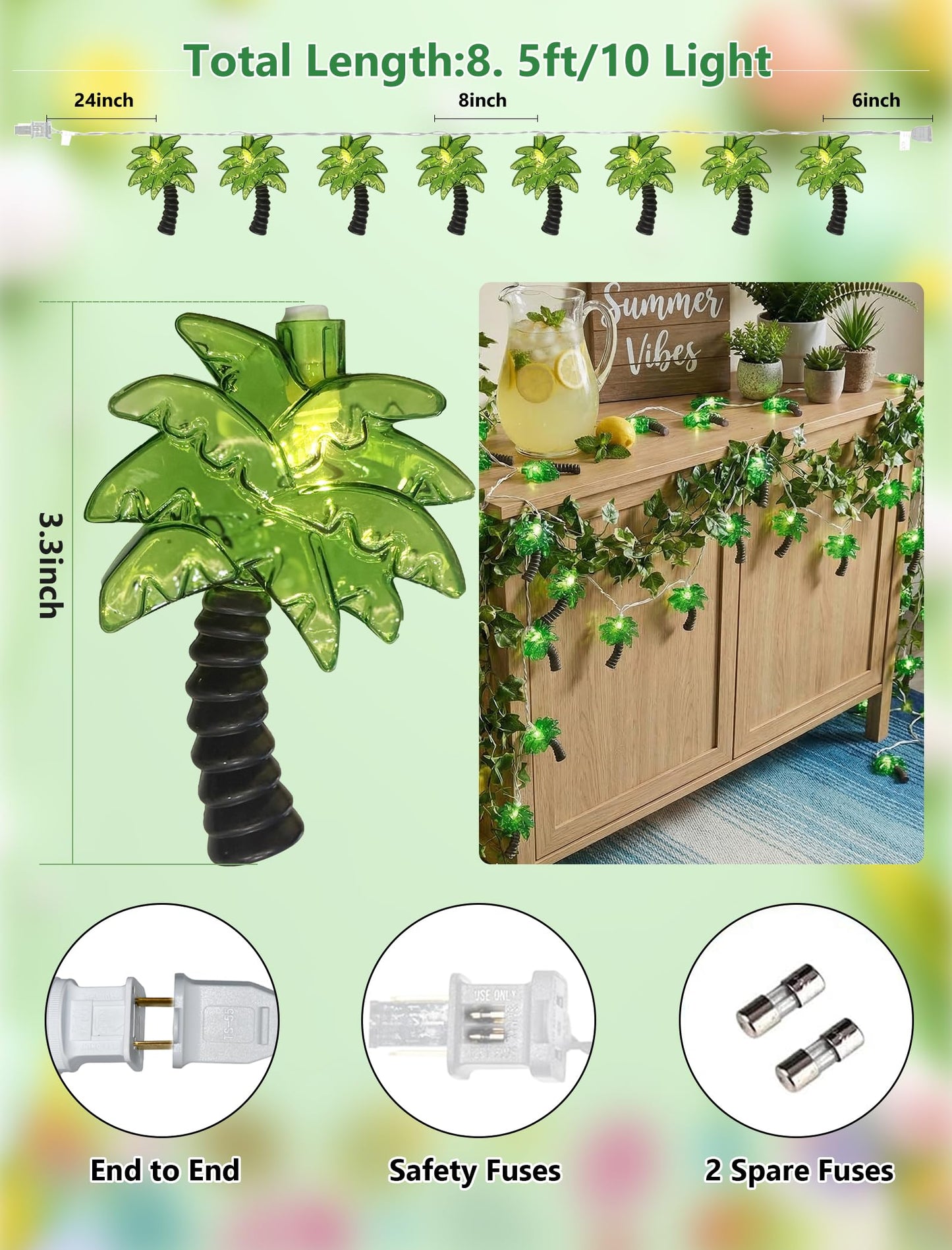 8.5Ft Palm Tree String Lights Outdoor, Hawaiian Beach Themed Party Decorations Lights with 10 LED Palm Tree Lights, Plug in Fairy Lights for Outdoor Indoor Tropical Beach Party Birthday Pool Decor