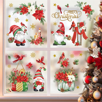 decalmile Christmas Red Gnome Flowers Window Clings Reusable Cardinal Birds Snowflake Window Decals Double Side Printed Window Stickers Glass Door Holiday Home Kitchen Decoration