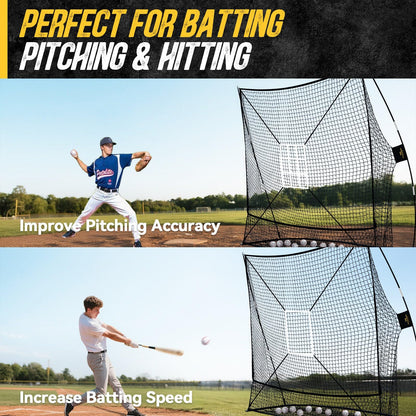 PodiuMax 7x7 Baseball & Softball Net with Large Ball Collection System, Upgraded Triangular Base, Softball Pitching Net with 2 Strike Zone, Baseball Nets for Batting, Pitching, Fielding