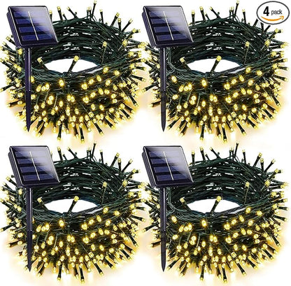 4-pack Solar Christmas Lights Outdoor Waterproof, 400LED 132FT Solar String Light with 8 Lighting Modes, Solar Tree Lights Green Wire for Xmas Tree Party Wedding Garden Fence Decoration (Warm White)