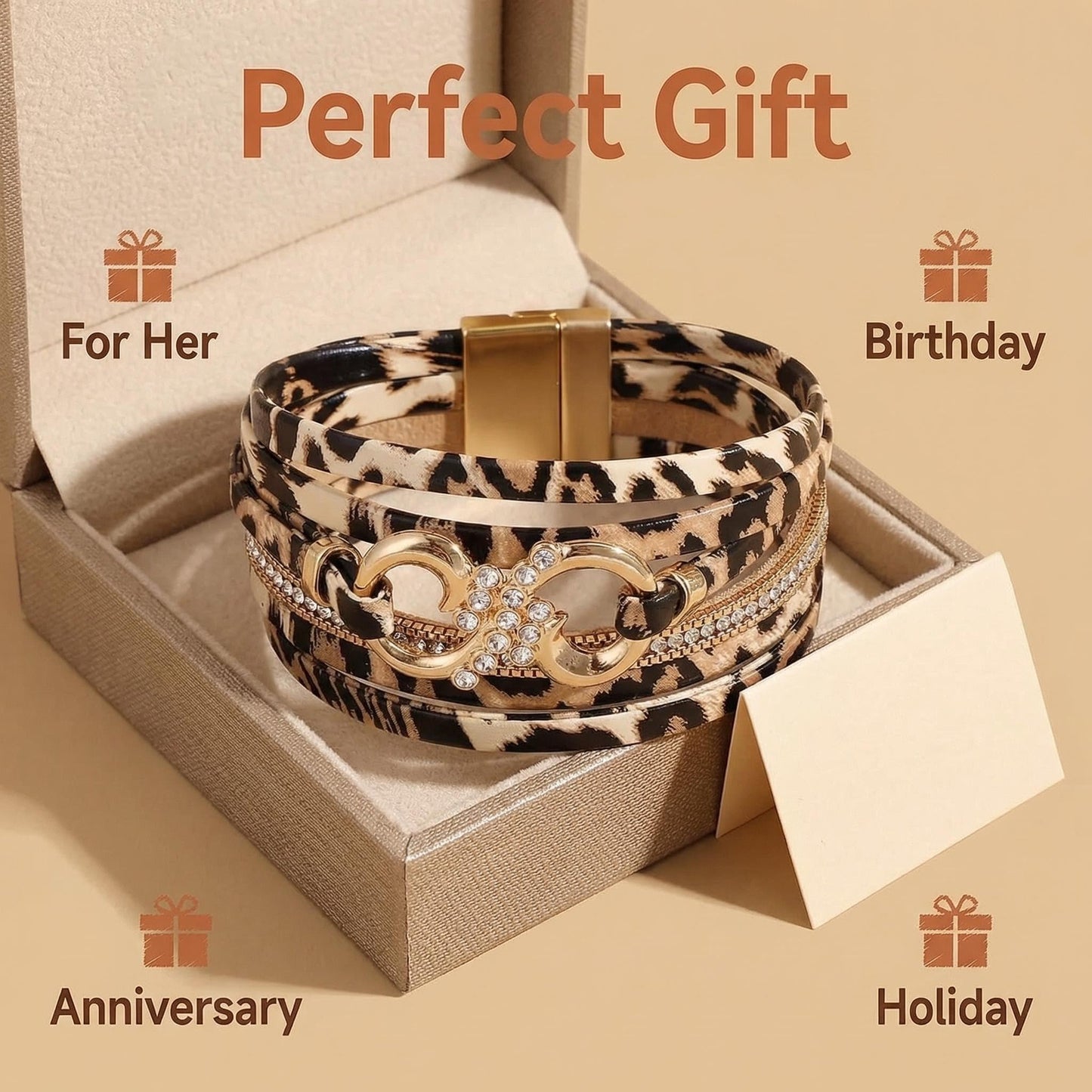 Hopeicy Leopard Bracelet for Women, Boho Leopard Print Wrap Bracelet with Rhinestone Gold Buckle, Magnetic Clasp Layered Leather Cuff Bracelet, Cheetah Print Jewelry Fashion Accessories Gift for Women