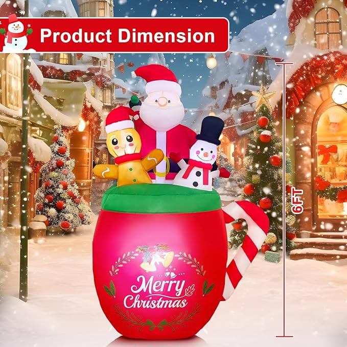 6 FT Christmas Inflatables Outdoor Decoration, Santa Claus Snowman Gingerbread Man in Xmas Mug for Outdoor Christmas Decorations