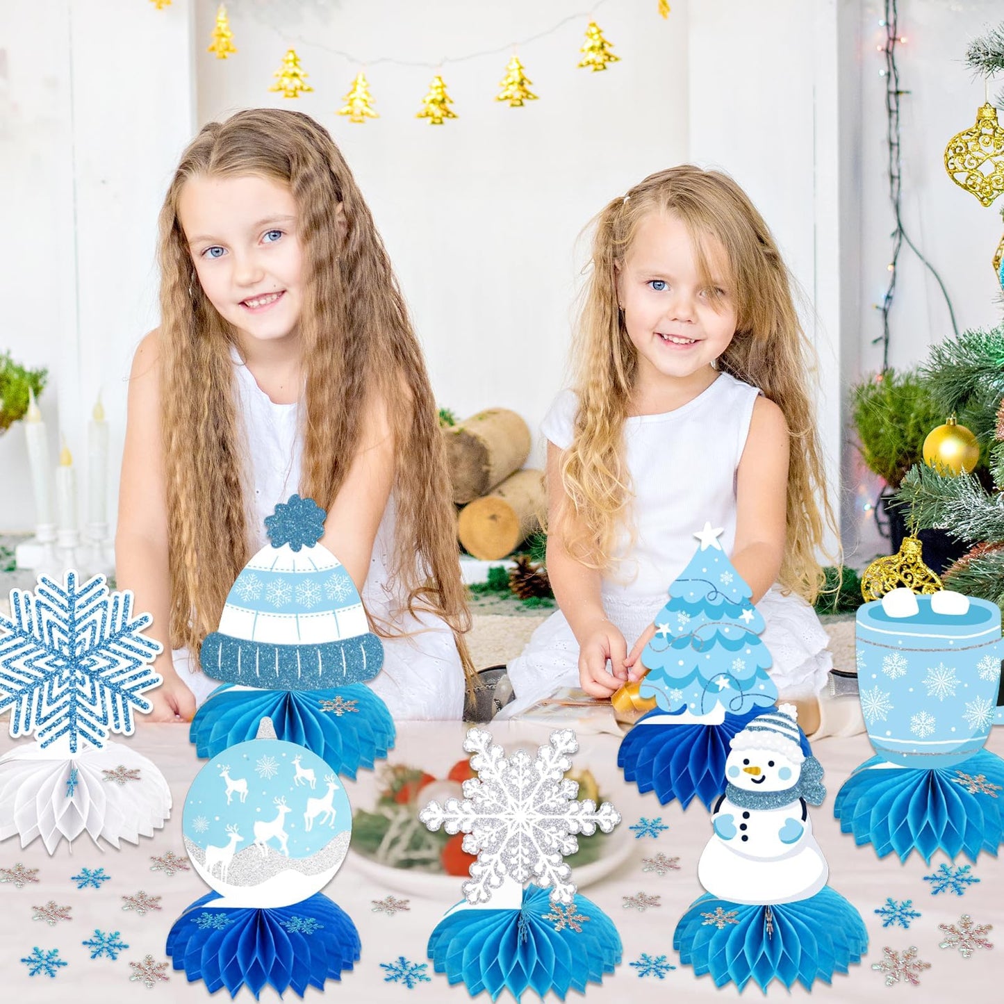 Frozen Winter Wonderland Party Decorations - 12 Pack Winter Themed Snowflake Honeycomb Table Centerpieces and 600pcs Snowflake Confetti for Christmas Holiday Winter Birthday Baby Shower Party Supplies