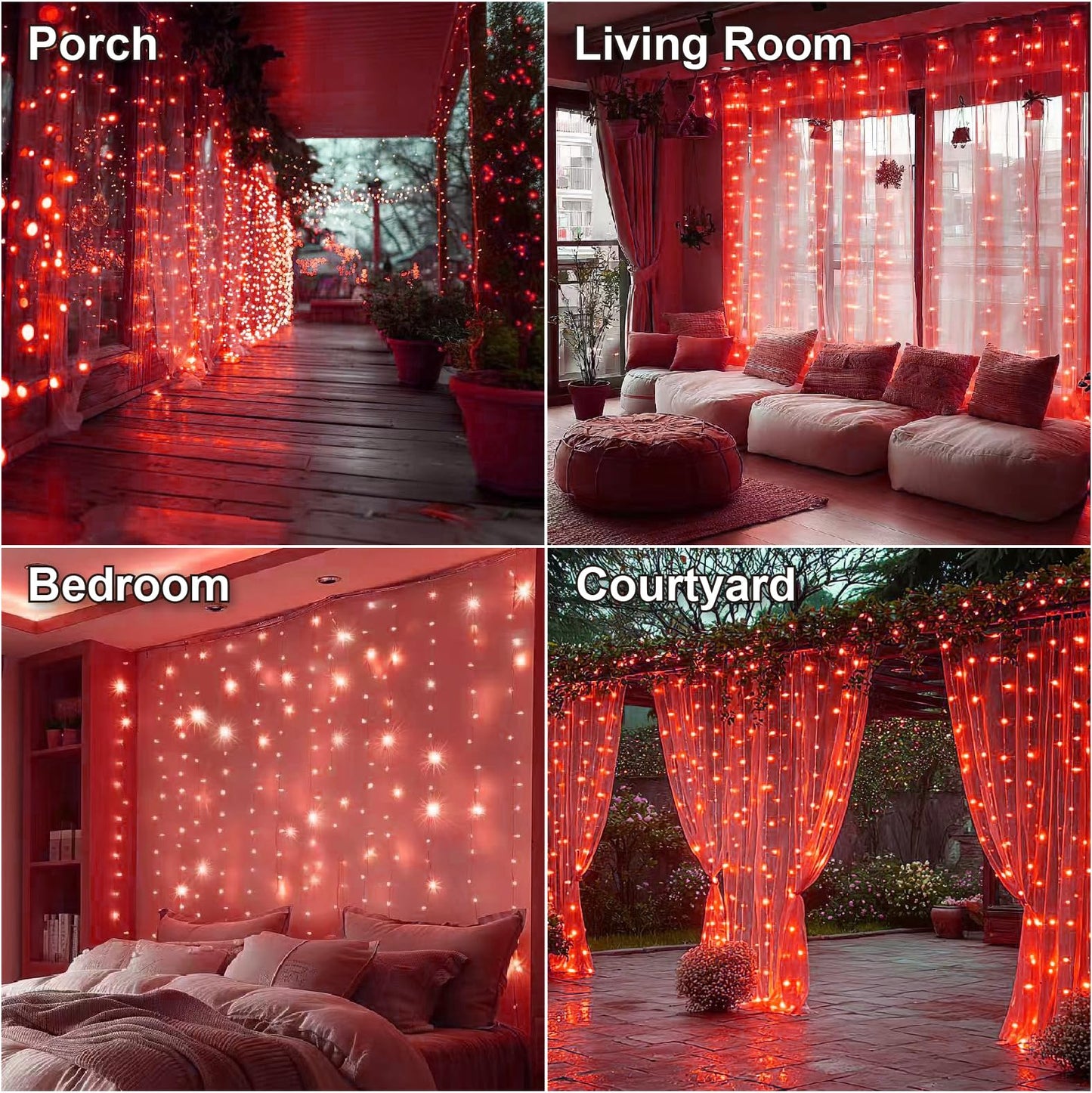 HXWEIYE 300LED Fairy Curtain Lights, 9.8x9.8Ft USB Plug-in 8 Modes Christmas String Hanging Lights with Remote for Bedroom Backdrop Wedding Indoor Wall Decor, Red, Standard – 1 Pack