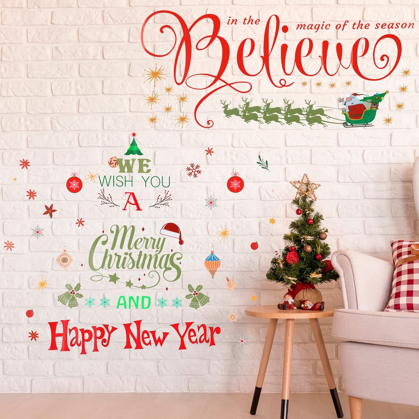 Large Christmas Wall Decals Stickers - Believe Quotes Decals, Tree Door Stickers Merry Christmas Wall Decorations Xmas Bathroom Fireplace Decor for Party Window Supplies - Removable