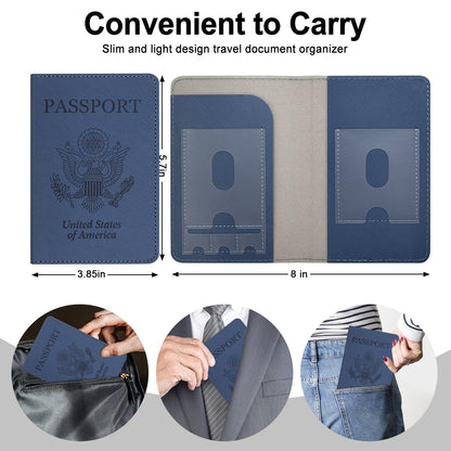 RSAquar Passport Holder for Women and Men, Premium PU Leather Travel Passport Wallet RFID Blocking Passport Cover Travel Documents Organizer (JD-Blue)