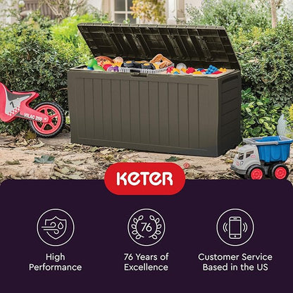 Keter Marvel Plus 71 Gallon Resin Outdoor Storage Box for Patio Furniture Cushions, Throw Pillows, Garden Tools and Pool Floats, Taupe