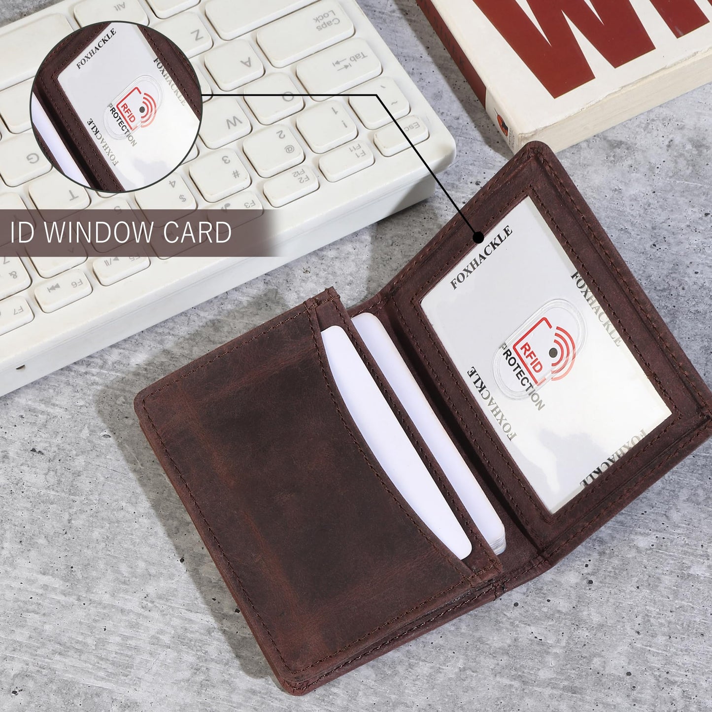 FOXHACKLE Leather Credit Card Holder For Men and Women, Small RFID Blocking Bifold Wallet (With ID Slot, Hunter Coffee Brown)