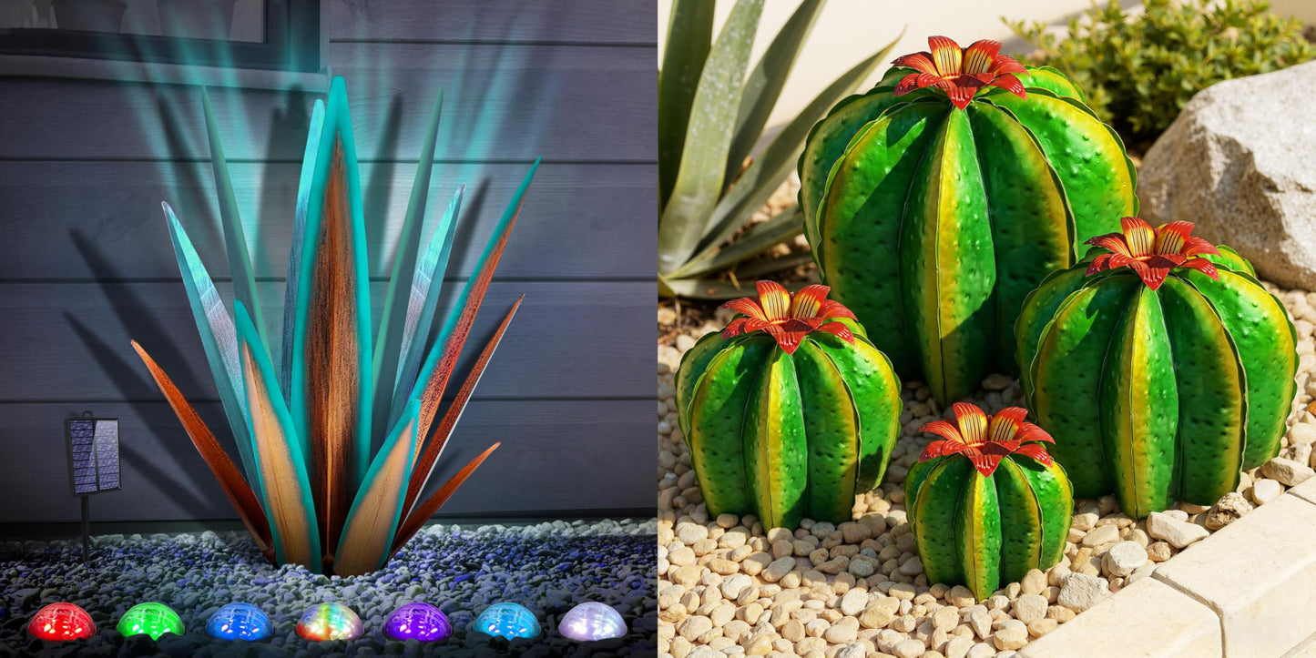 KODIBO Garden Statues, Metal Agave Plant with 4-Pack Artificial Barrel Cactus, Yard Sculpture for Outdoor Patio Lawn