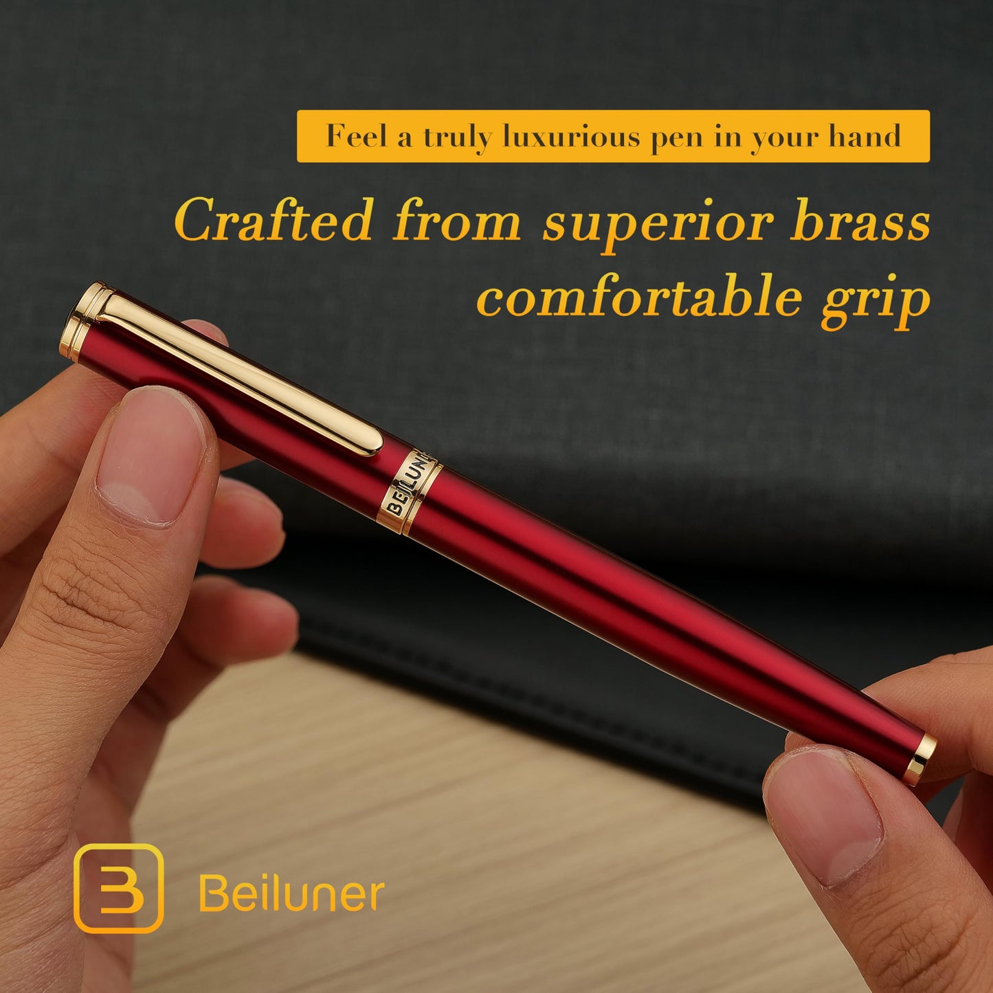 BEILUNER Red Fountain Pen,Stunning Luxury Pens with 24K Gold Finish, Gorgeous 24K Gilded Nib(Fine), Trustworthy Pen Gift for Men&Women -Ink Converter-Elegant,Graduation,Office,Nice Pen for Writing