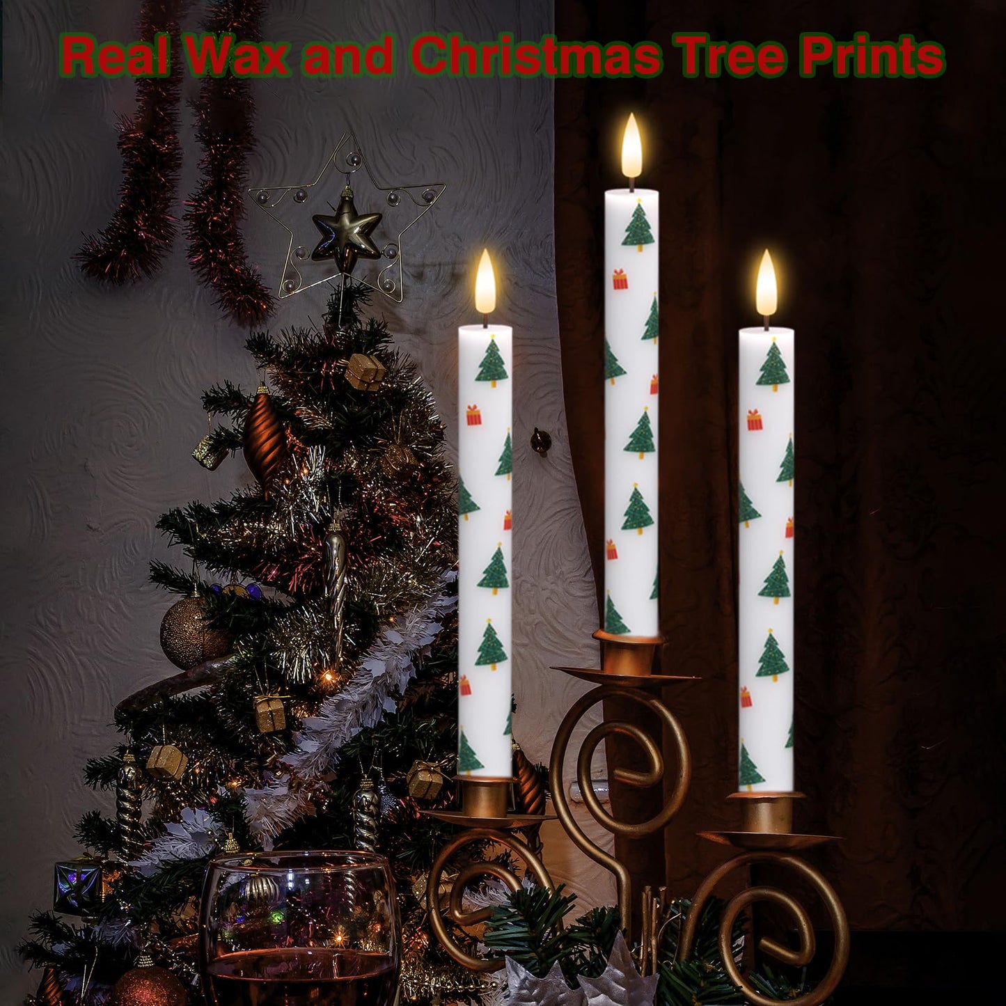 GenSwin Christmas Flameless Taper Candles, 4 Pack Christmas Tree Candles with Remote Timer, Real Wax Flickering LED Flameless Candlesticks Battery Operated with Decals for Home Decor(0.75” x 9.65”)
