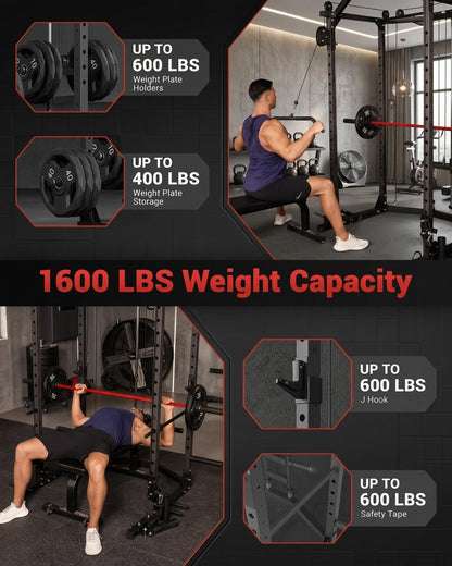 Garvee Power Cage with Cable Crossover System, 1600 Lb Capacity Carbon Steel Power Rack for Home Gym with LAT Pulldown Pulley System, j-Hooks, Dip Handles, Landmine Attachment